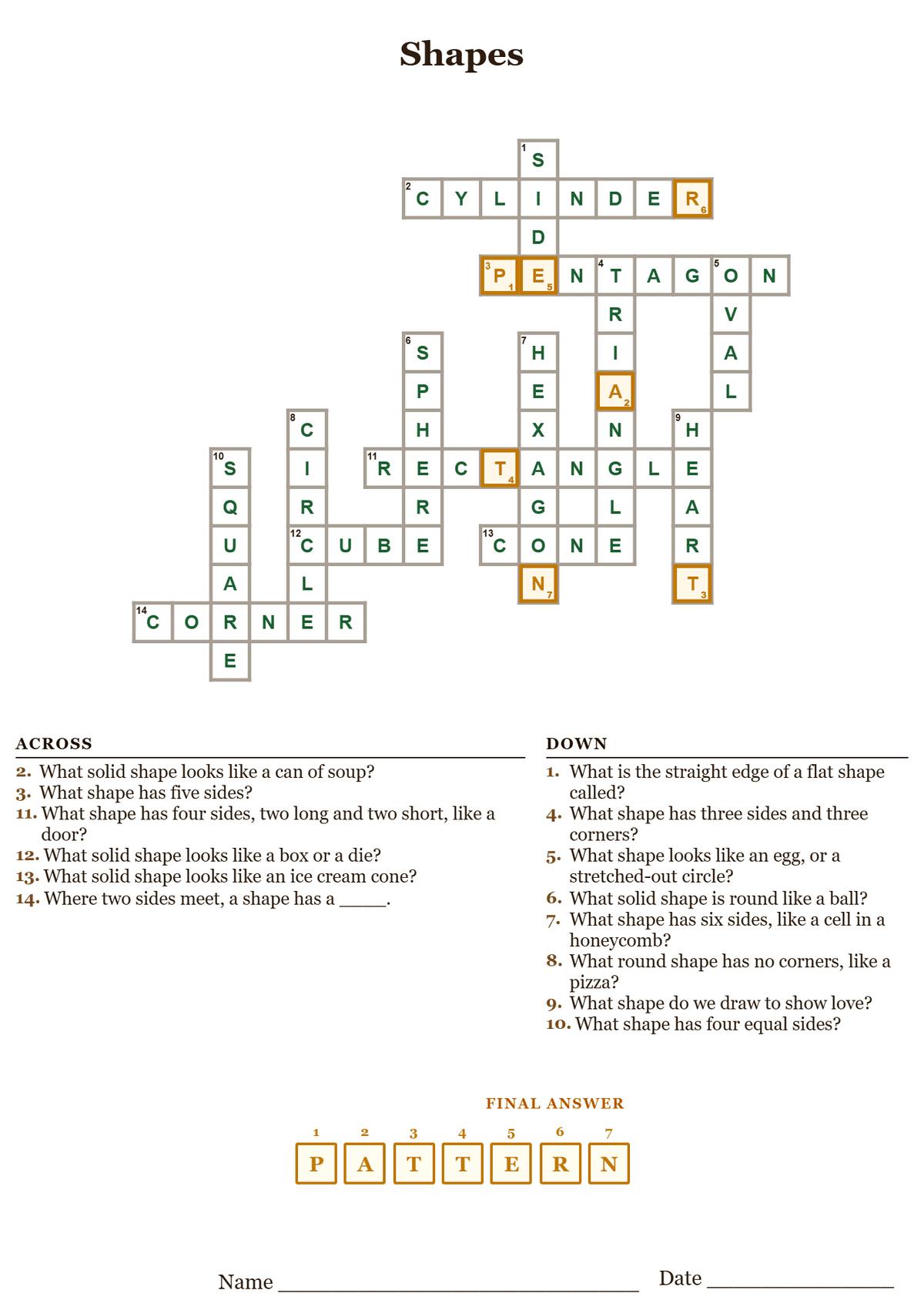 Shapes crossword puzzle answer key, all answers filled in