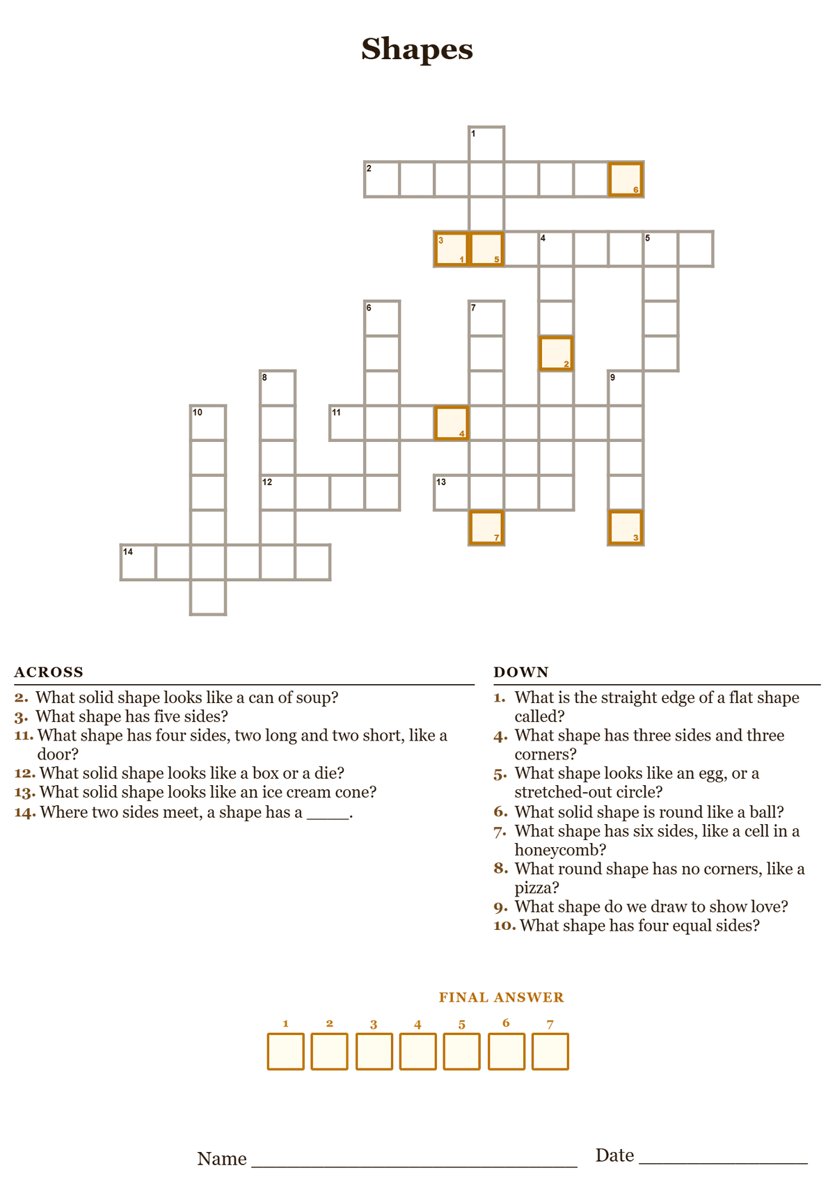 Printable shapes crossword puzzle with simple clues about circles, squares, triangles, and solid shapes