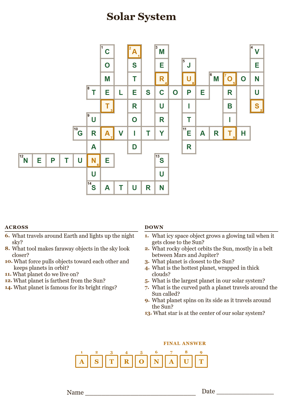 Solar system crossword puzzle answer key, all answers filled in