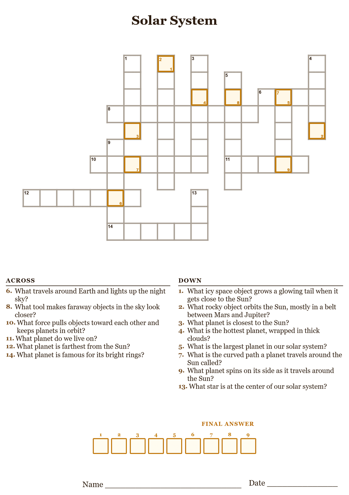 Printable solar system crossword puzzle with clues about the planets, the Sun, and space vocabulary