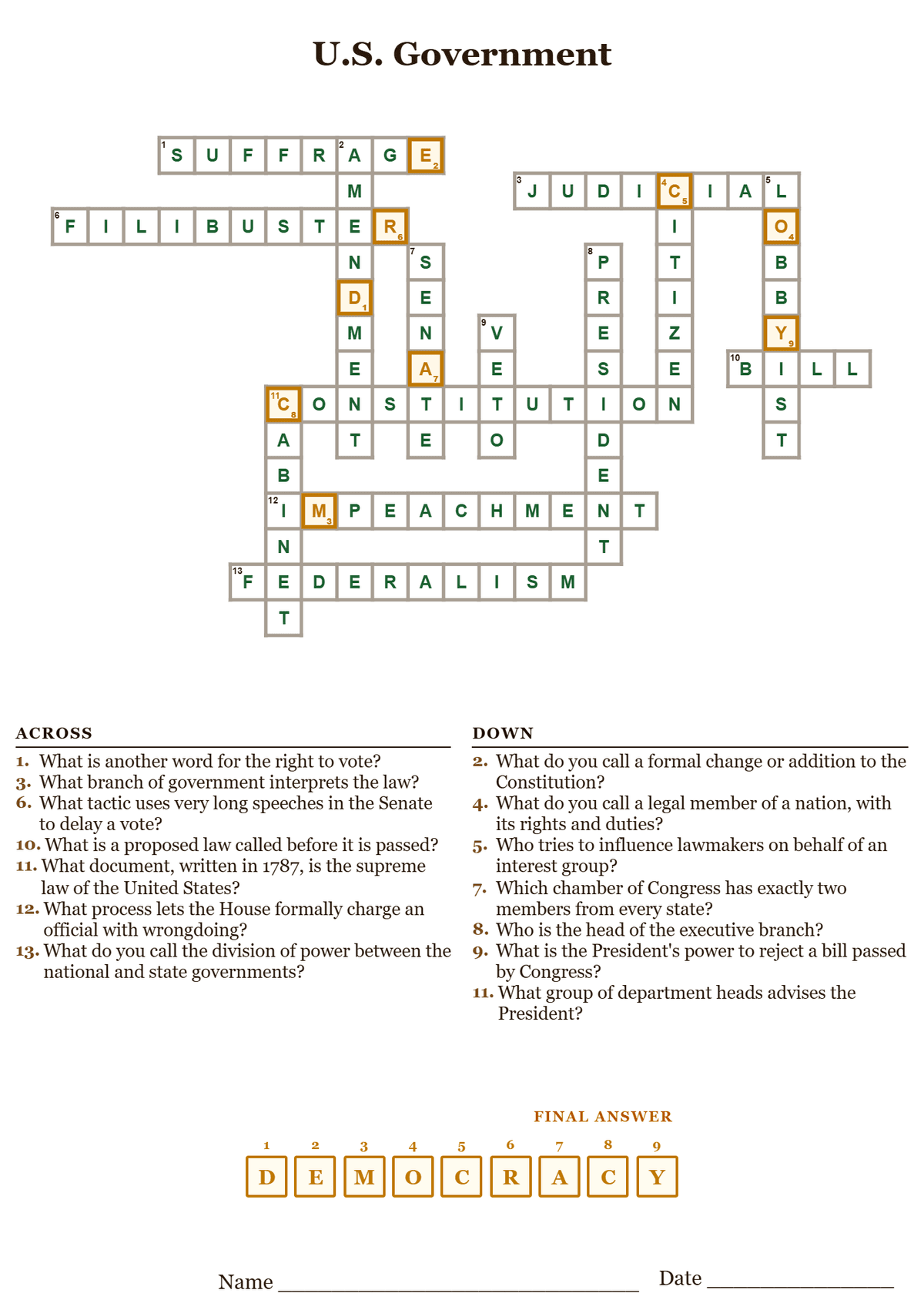 U.S. government crossword puzzle answer key, all answers filled in
