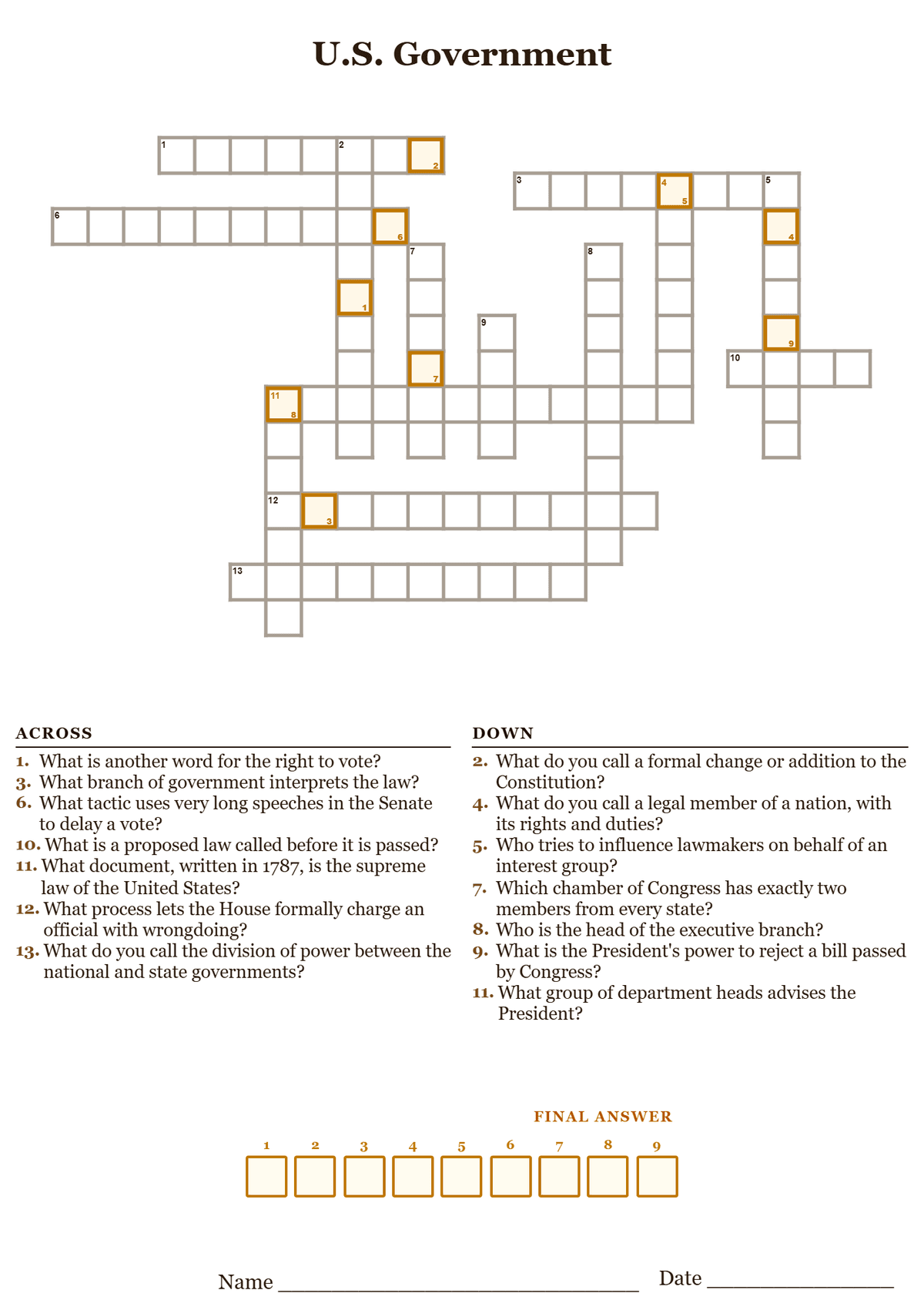 Printable U.S. government crossword puzzle with clues about the Constitution, Congress, and the three branches
