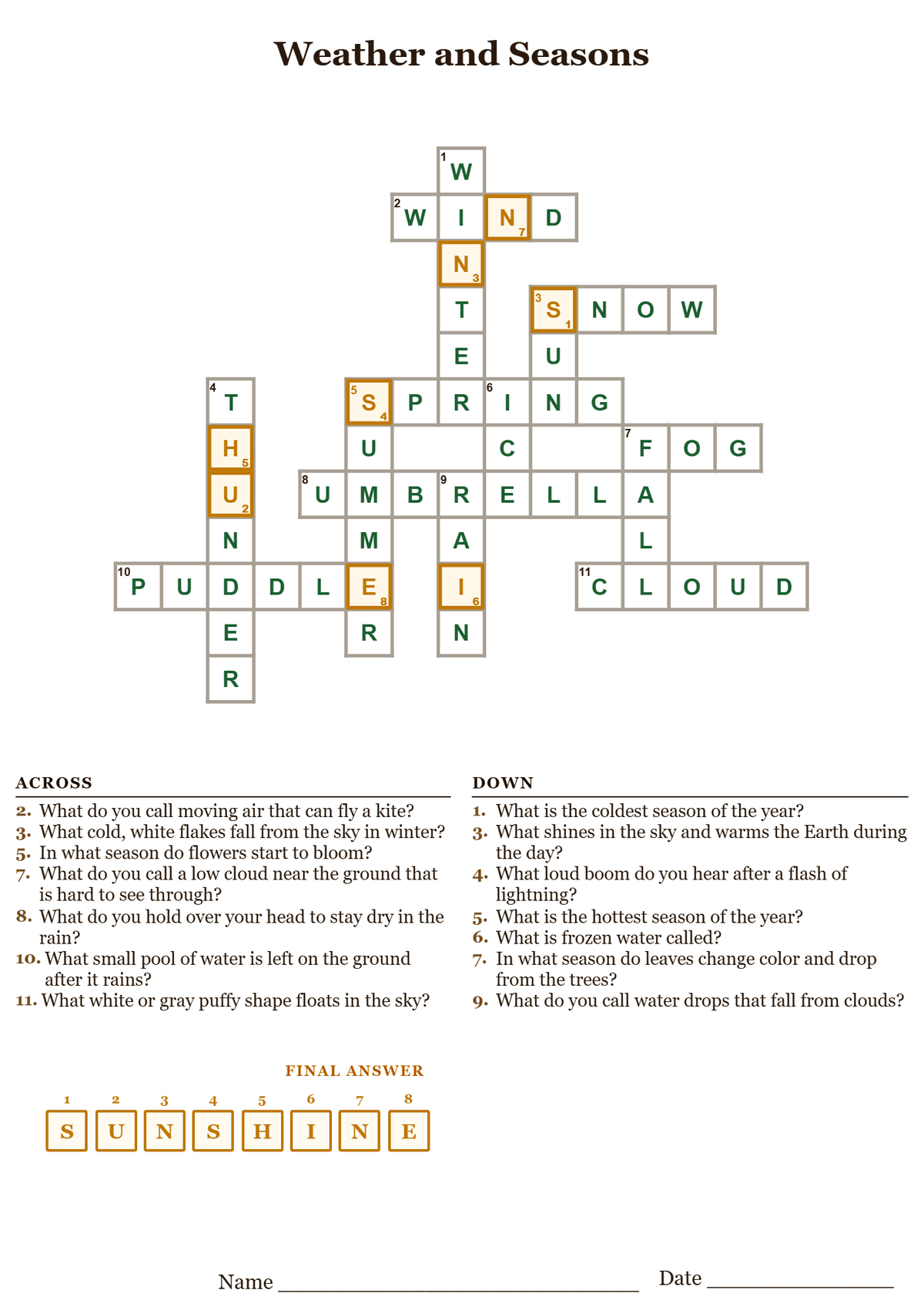 Weather and seasons crossword puzzle answer key, all answers filled in