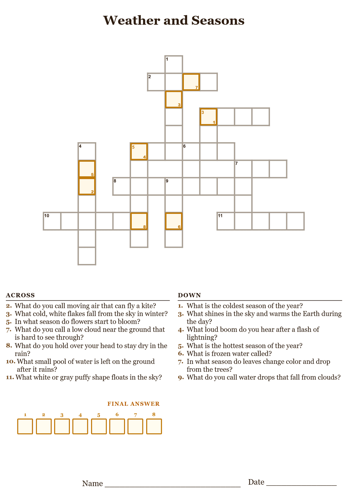 Printable weather and seasons crossword puzzle with simple clues about rain, snow, clouds, and the four seasons